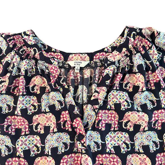 Crown & Ivy Womens navy purple elephant blouse top Size small - Picture 2 of 6